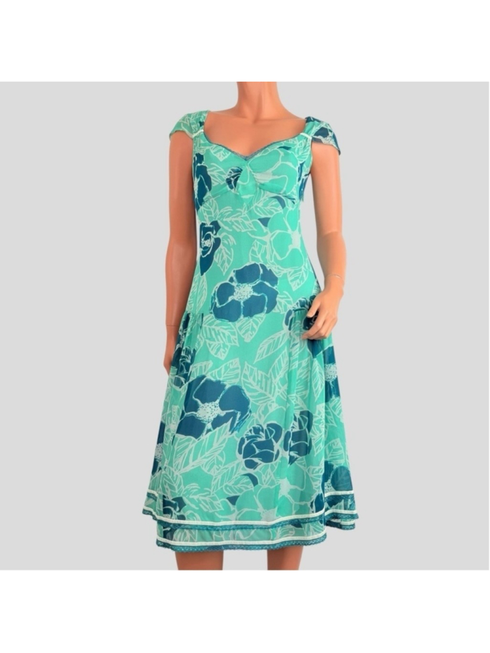 Odille 100 Silk Sheer Drop Waist Dress 6 Teal Floral Velvet Lace 90s Whimsigoth - Picture 4 of 16